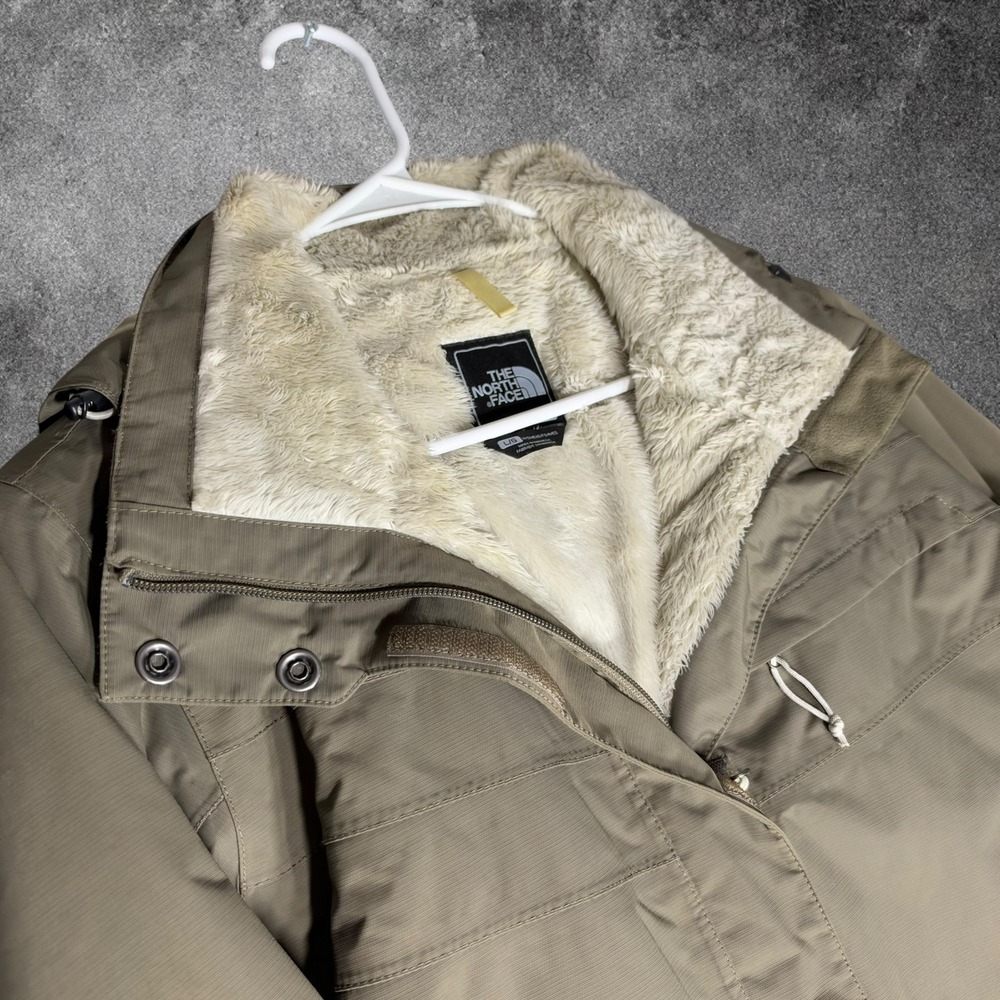 The North Face Womens L HyVent Jacket Tan Faux Fur Fleece Lined Hooded Winter